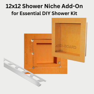 12x12 shower niche add-on for Essential DIY Shower Kit, includes waterproof niche insert and waterproofing for built-in bathroom storage.