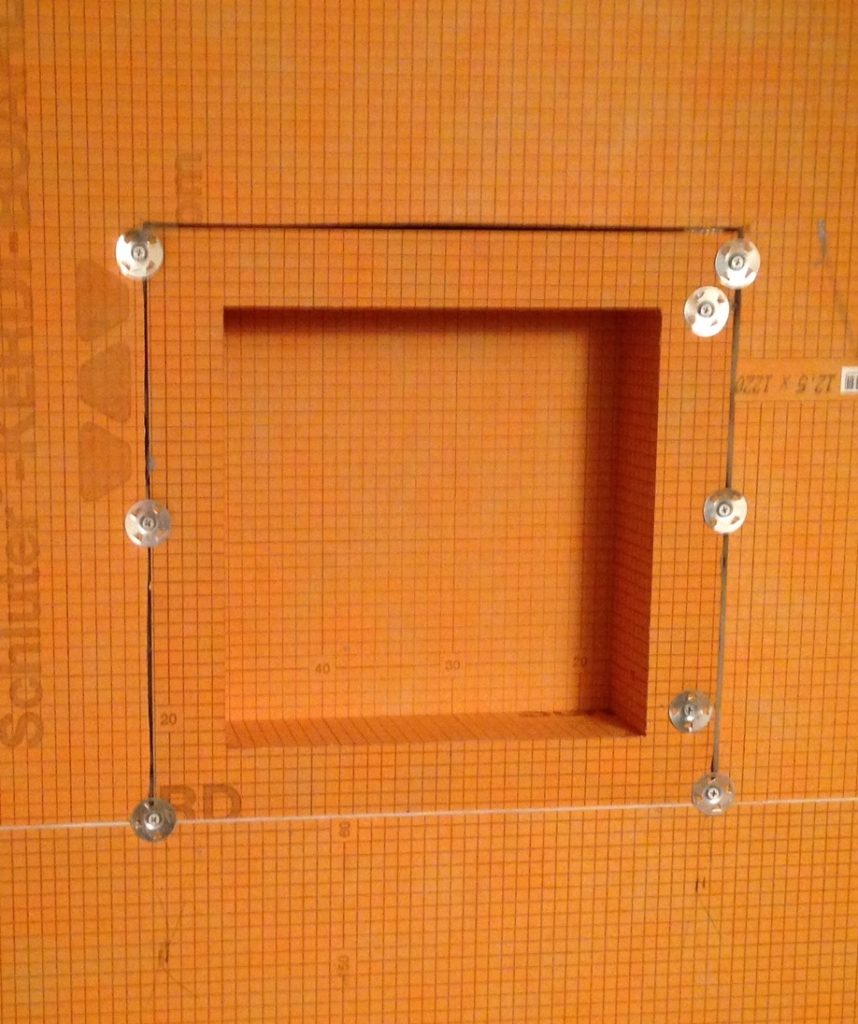 12x12 shower niche add-on for Essential DIY Shower Kit, includes waterproof niche insert and waterproofing for built-in bathroom storage.