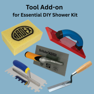 Essential DIY Tools Pack for shower kit installation, includes trowel, spacers, grout float, and mixing paddle for professional shower remodeling results.