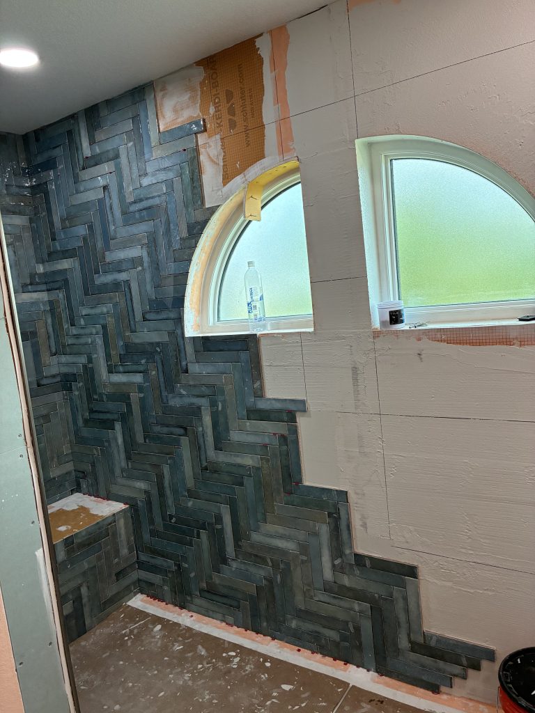 Waterproofing: More on Why We Prefer Schluter Over Old Shower Water-in/Water-Out Methods 5 layout - wall install in progress